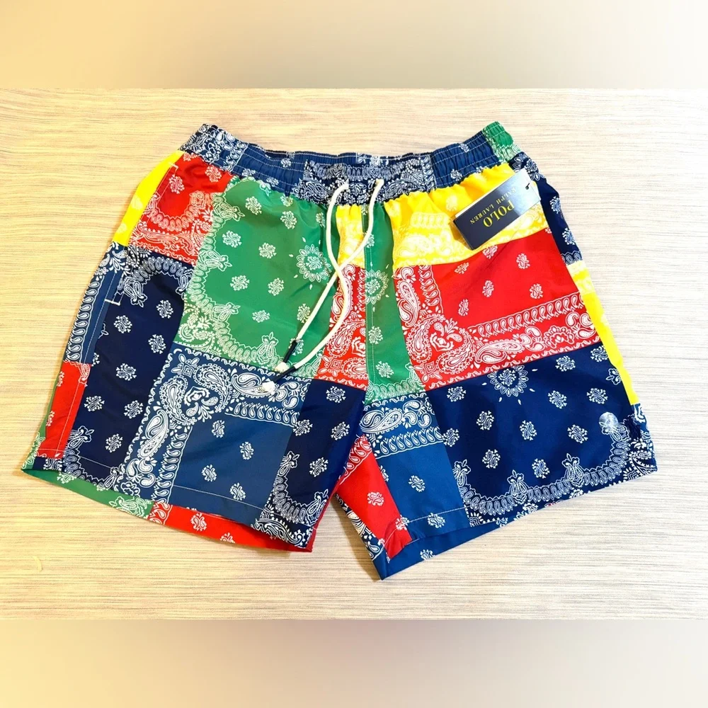 Polo Ralph Lauren Bandana Patchwork Print Multicolor Swimsuit Swim Shorts - Picture 2 of 13